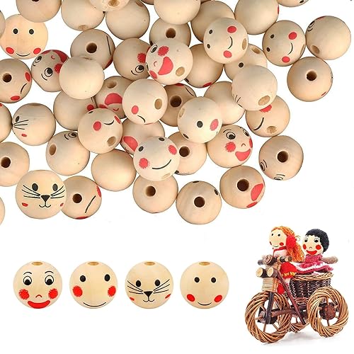 100 Stück Holzperlen Rund mit Gesicht, Holzperlen mit Gesicht, Holzkugeln mit Loch und Gesich, Lächelndes Gesicht Holzperlen, Verwendet für den Kopf der DIY Puppe Anhänger, Schlüsselanhänger, Armband von JAWAI