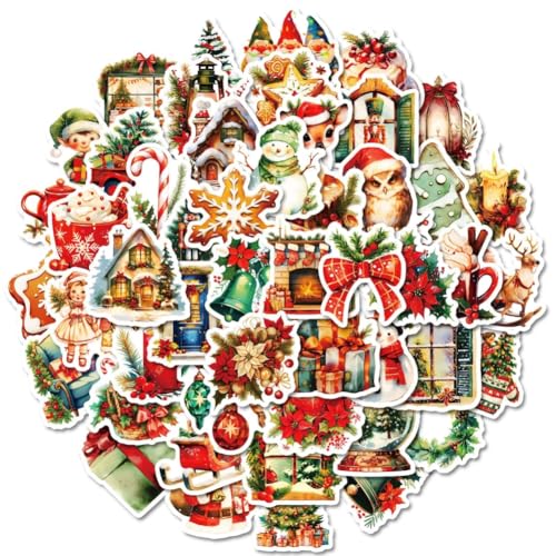 50 Stück Weihnachten Selbstklebend Aufkleber, Aesthetic Vintage Wasserfest Graffiti Sticker für Geschenkverpackung, Umschlag, Skateboard, Fahrrad von JAWSEU