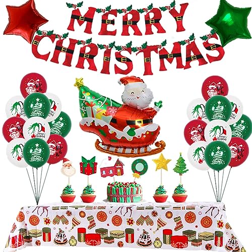 Weihnachtsballon Deko Set, Weihnachten Luftballons Girlande Luftballons Roter Grün Merry Christmas Girlande Weihnachten Ballons Kit Weihnachts Tischläufer Dekor für Weihnachts Party Deko von JAWSEU