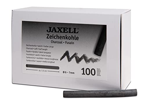JAXELL 48236 Zeichenkohle-Set in Künstlerqualität, Kohlestäbchen, Härtegrad weich, gut deckend, halbe Länge ca. 7,5 cm rund, Durchmesser 6-7 mm, Anthrazit, schwarz, 100 Stück von JAXELL