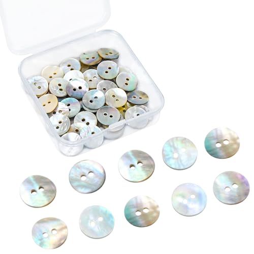 JAXICREY 40 Stück Perlmutt Knöpfe, 12,5 mm Natürlich Schimmernde Perlmuttknöpfe 2 Loch Knöpfe Perlmutt zum Annähen DIY Kleiderknöpfe mit Durchsichtige Mini Kunststoffbox für Kleidung Röcke Mäntel von JAXICREY