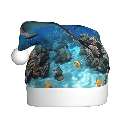 JAYWIS 3D Unterwasserwelt Fisch Delphi - Druck Erwachsene Plüsch Weihnachtsmütze Santa Stil Pom Pom Warm Weich Urlaub Kopfbedeckung für Partys Weihnachten Feier von JAYWIS