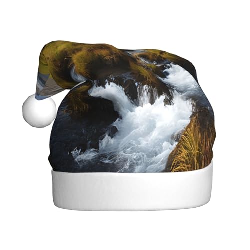 JAYWIS Berg Wasserfall - Druck Erwachsene Plüsch Weihnachtsmütze Santa Stil Pom Pom Warm Weich Urlaub Kopfbedeckung für Partys Weihnachten Feier von JAYWIS