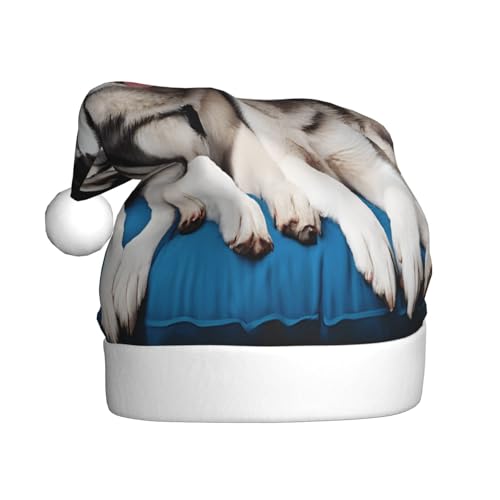JAYWIS Lovely Husky – Druck Erwachsene Plüsch Weihnachtsmütze Santa Stil Pom Pom Warm Weich Urlaub Kopfbedeckung für Partys Weihnachten Feier von JAYWIS