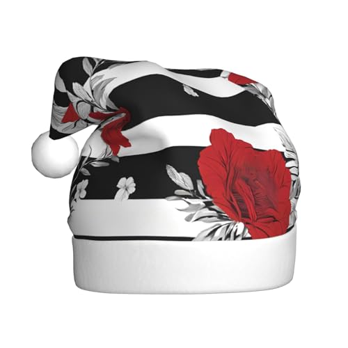 JAYWIS Schwarz-weiße Streifen, rote Rosen-Blumen-Druck, Erwachsene, Plüsch-Weihnachtsmütze, Weihnachtsmann-Stil, Pom-Pom, warm, weich, Feiertags-Kopfbedeckung für Partys, Weihnachtsfeiern. von JAYWIS