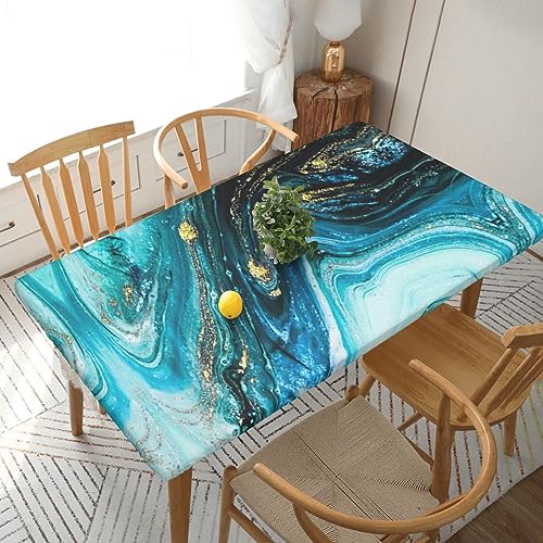 Tischdecke mit elastischem Rand, rechteckiger Tisch, wasserdicht und abwischbar, für Innen- und Außenbereich, Terrasse, Picknick, Steinblau / goldfarben von JAYWIS