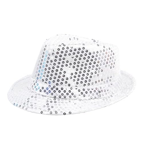 JBJYGSG Pailletten-Bowlerhut, Tanzkappe, Gerollter Rand, Funkelnde Jazz-Tanzkappe, Bühnenzauber-Performance, Perlenkappe Für Zauberer, Karneval, Fasching, Gentleman(White) von JBJYGSG