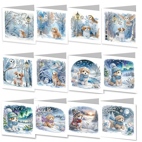 JBTM24 12 Pack 5D DIY Diamond Painting Grußkarten-Set, Diamantkunst Weihnachten Geburtstag Urlaub Grußkarte, Kunst Handwerk Kit Kreatives Geschenk mit Umschlag (Welpe) von JBTM24