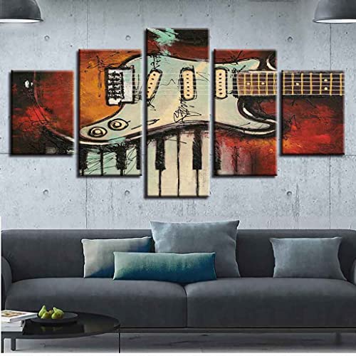 JBUTXE 5 Teiliger Kunstdruck auf Leinwand, Leinwand zum Bemalen, Wandbild, Musikinstrument Gitarre Klavier Öl - Bilder für Zuhause, Moderne Dekoration für Wohnzimmer Schlafzimmer 100x50cm (B x H) von JBUTXE