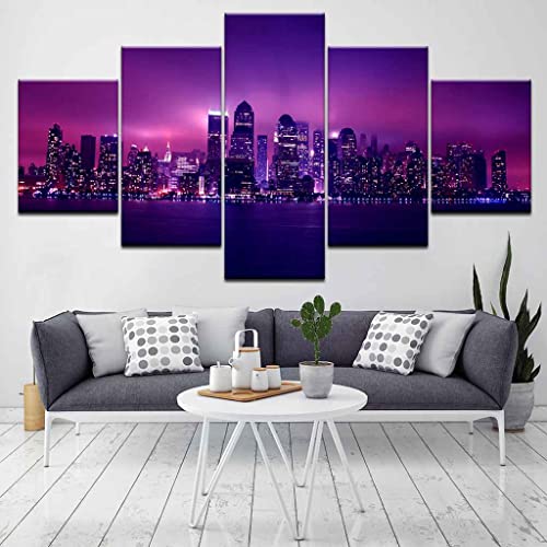 JBUTXE 5 Teiliger Kunstdruck auf Leinwand, Leinwand zum Bemalen, Wandbild, Stadt lila Himmel Öl - Bilder für Zuhause, Moderne Dekoration für Wohnzimmer Schlafzimmer 100x50cm (B x H) von JBUTXE