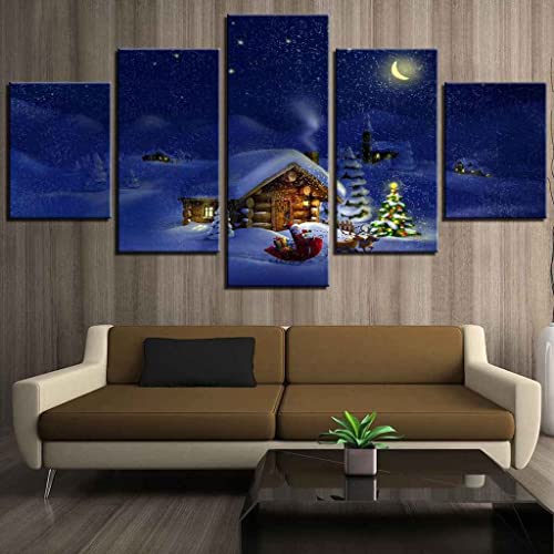 JBUTXE Leinwand Bilder Weihnachts-Iglu Leinwandbild, auf Leinwand Gedrucktes Kunstwerk 5-teilig, Foto auf Leinwand für Wanddekoration Design Wohnzimmer Wohnkultur (Kein Rahmen) 200x100cm (B x H) von JBUTXE