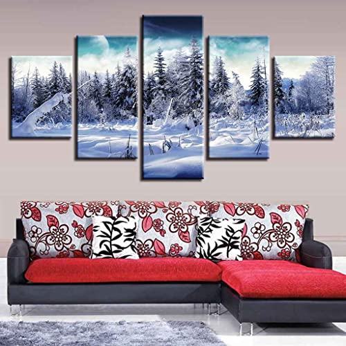 JBUTXE Leinwand Bilder Winter-Kiefernwald-Schneeszene Leinwandbild, auf Leinwand Gedrucktes Kunstwerk 5-teilig, Foto auf Leinwand für Wanddekoration Design Wohnzimmer Wohnkultur (Kein Rahmen) 200x100c von JBUTXE