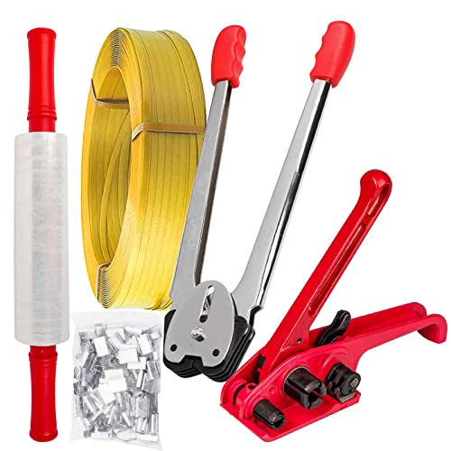 JCBMGDBKH Komplettes, Robustes manuelles Palettenumreifungsset für schnelles und sicheres Verpacken – inklusive Spanner, Versiegelung, PET-/PP-Bändern, Versiegelungen und Schrumpffolie von JCBMGDBKH