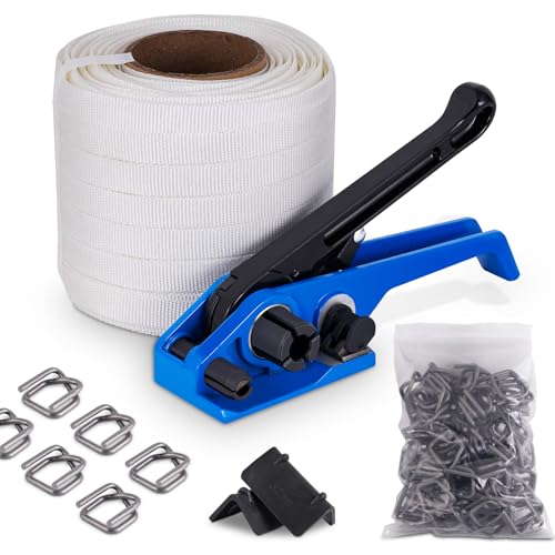 JCBMGDBKH Umreifungsset mit Textilgewebe für Palettenverpackungen (2-in-1-Spanner + 100 m Textilband + 100 Stück phosphatierte Verpackungsschnallen + 20 Verpackungsecken) von JCBMGDBKH