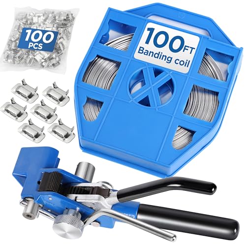 Stahl-Umreifungsset, Umreifungswerkzeug und Spanner und Schneidwerkzeug für Palettenverpackungen mit 3/4 Zoll x 100 Fuß S304-Umreifungsspule (Kunststofftasche), 100 Stück Stahl-Ohrschnallen, Ratsche von JCBMGDBKH