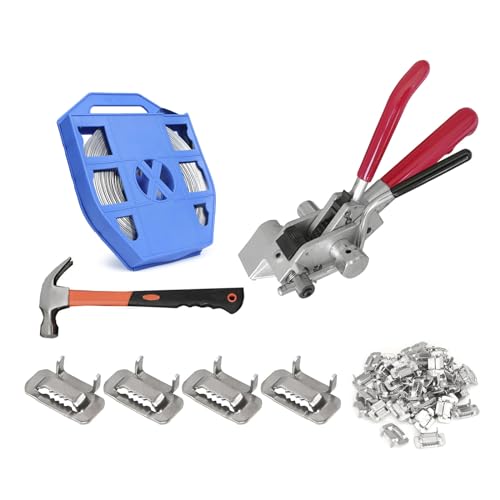 Stahlband-Set – Palettenverpackungs-Umreifungsband-Spanner und Schneidwerkzeug für hochfeste Verpackungen, 1 Hammer, 19 mm Breite, 30 m Länge, SS304-Bandspule, 100 Stück Ohrverschlussschnallen, rot von JCBMGDBKH