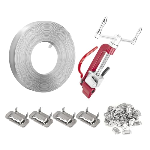 Umreifungsset aus Stahl – Umreifungswerkzeug aus Metall, Spanner und Schneider mit Schraubgewinde, 3/4 Zoll x 100 Fuß 304-Umreifungsspule, 100 Stahlschnallen, hochfeste Hochleistungsverpackung, Rot von JCBMGDBKH