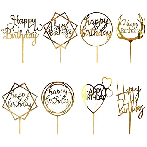 JCKD 8-Pack Golden Happy Birthday Kuchen Top Hat, Acryl Cupcake Top Hat, verwendet für verschiedene Geburtstagsfeiern, Mädchen, Jungen, Geburtstage, Hochzeiten, Vater und Mutter Kuchen Dekorationen von JCKD