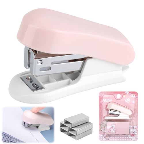 Mini Hefter, niedlicher Desktop-Hefter für Schreibwaren Büro, 2-12 Blatt Kapazität, müheloses Heften mit 400 Standard 24/6 Heftklammern, Eingebauter Heftklammerentferner (Rosa) von JCSJK
