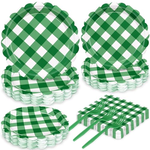 Salbeigrün Gingham-Partyteller-Set für 24 Gäste, 96 Stück, Einweg-Pappteller, Servietten und Löffel, rustikales grünes kariertes Geschirr für Hochzeit, Baby- und Brautparty, Picknick, Geburtstag Salbeigrün Gingham-Partyteller-Set für 24 Gäste, 96 Stück, Einweg-Pappteller, Servietten und Löffel, rustikales grünes kariertes Geschirr für Hochzeit, Baby- und Brautparty, Picknick, Geburtstag von JCTHKUKU
