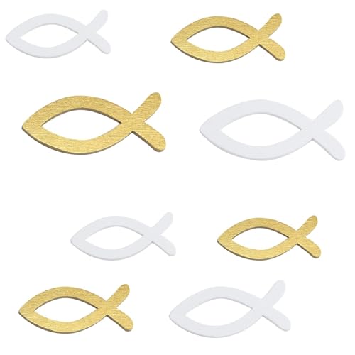 Holz Fisch Deko – 120 Stück Weiß & Gold Streudeko für Tischdeko, perfekt für Taufe, Kommunion und Konfirmation von Jungen und Mädchen Holz Fisch Deko – 120 Stück Weiß & Gold Streudeko für Tischdeko, perfekt für Taufe, Kommunion und Konfirmation von Jungen und Mädchen von JCUQGDOO