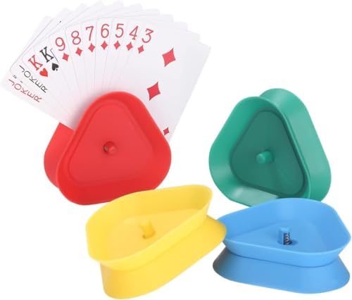 JCUQGDOO 4 Stück Kartenhalter Kinder, Dreieckiger Kartenhalter Spielkarten, Spielkartenhalter Kunststoff Wiederverwendbar, Karten Halter für Senioren Erwachsene und Kinder, mit 1 Spielkarten Box von JCUQGDOO