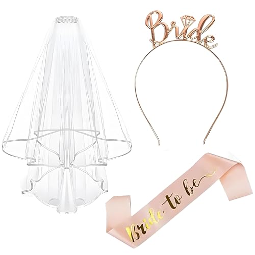 JCUQGDOO Bride to Be Schärpe Tiara Schleier Set - Hochzeit Braut Schärpe, Tiara Stirnband für Brautparty Dekorationen, Perfekt für Junggesellinnenabschiede Hochzeitsfeiern (3 Stück, Rosa) von JCUQGDOO