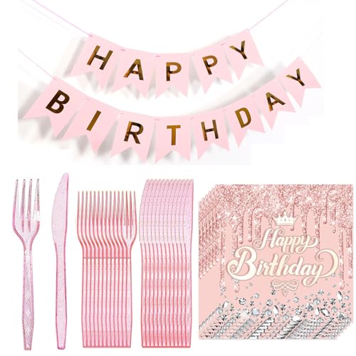 JCUQGDOO Pinkes Partyzubehör-Set – enthält rosa Geburtstagsteller, Besteck, Servietten, Gabeln, Messer und Banner – perfekt für Mädchen & Damen Geburtstagsfeiern Feiern von JCUQGDOO