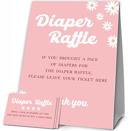 JCVUK Babyparty-Spiele, 1 Windel Tombola, stehendes Schild mit 50 Windel-Tickets, Boho-Hippie-Blumen-Gänseblümchen-Thema, Party-Dekorationen und Zubehör für Jungen oder Mädchen (LBLK-A07) von JCVUK