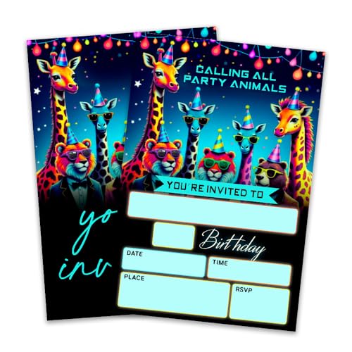 JCVUK C06 Neon-Geburtstagsparty-Einladungskarte – Calling All Party Animals – 10,2 x 15,2 cm doppelseitige Einladungskarte zum Ausfüllen mit 20 Umschlägen für Jungen – Geburtstagsparty-Zubehör (20 JCVUK C06 Neon-Geburtstagsparty-Einladungskarte – Calling All Party Animals – 10,2 x 15,2 cm doppelseitige Einladungskarte zum Ausfüllen mit 20 Umschlägen für Jungen – Geburtstagsparty-Zubehör (20 von JCVUK