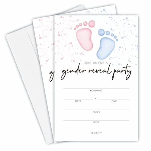 JCVUK Einladungskarten für Babyparty, Baby-Fußabdrücke, Geschlechtsoffenbarung, mit Umschlägen, 25 Stück, Babyparty-Dekorationen und Zubehör für Jungen und Mädchen (YQK-A03) von JCVUK