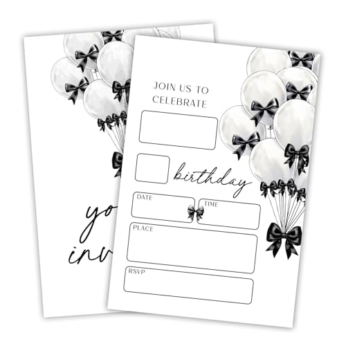 JCVUK Geburtstagsparty-Einladung – Minimalismus schwarze Schleife Ballon – 10,2 x 15,2 cm, doppelseitige Einladungskarte zum Ausfüllen mit 20 Umschlägen für Jungen – Geburtsparty-Zubehör (20 Stück JCVUK Geburtstagsparty-Einladung – Minimalismus schwarze Schleife Ballon – 10,2 x 15,2 cm, doppelseitige Einladungskarte zum Ausfüllen mit 20 Umschlägen für Jungen – Geburtsparty-Zubehör (20 Stück von JCVUK