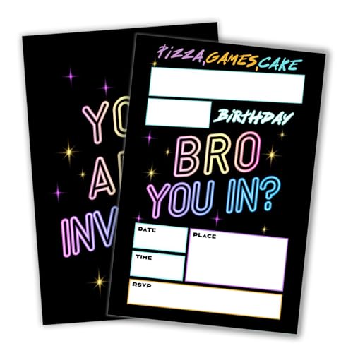 JCVUK Neon-Geburtstagsparty-Einladungskarte – Game Bro You In? – 10 x 15 cm doppelseitige Einladungskarte zum Ausfüllen mit 20 Umschlägen für Jungen – Geburtstagsgeschenke und Zubehör (20 Stück) – C10 von JCVUK