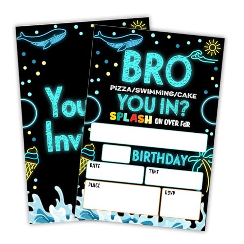 JCVUK Neon-Geburtstagsparty-Einladungskarte – Pizza-Schwimmkuchen, doppelseitig, zum Befüllen mit 20 Umschlägen für Jungen, Geburtstagsparty-Gastgeschenke und Zubehör (20 Stück) – C08 von JCVUK