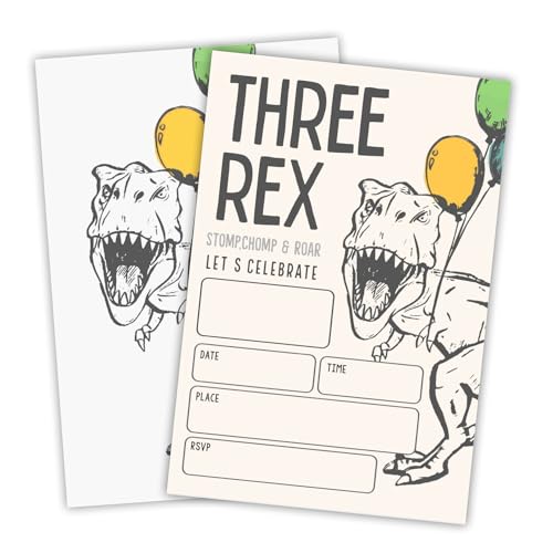 JCVUK Three Rex Geburtstagsparty-Einladung – Dinosaurier-Thema – 10,2 x 15,2 cm, doppelseitige Einladungskarte mit 20 Umschlägen für Jungen – Geburtstagsparty-Zubehör (20 Stück) – C15 von JCVUK