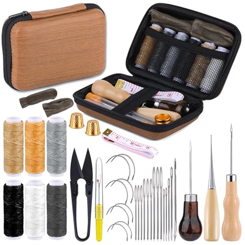 JCXIOC Reise-Nähset 1 Set Leder-Nähset, Polsterreparatur-Nähwerkzeug-Set mit Nähgarn, gebogenen Nadeln, Ahle, Nahttrenner, Fingerhut, Schere für Hause Reise Camping(Type1) von JCXIOC