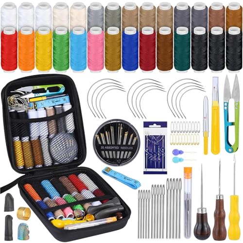 JCXIOC Reise-Nähset 1 Set Leder-Nähset, Polsterreparatur-Nähwerkzeug-Set mit Nähgarn, gebogenen Nadeln, Ahle, Nahttrenner, Fingerhut, Schere für Hause Reise Camping(Type2) von JCXIOC