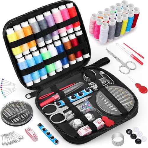 JCXIOC Reise-Nähset Nähset mit Fäden, Nadeln, Aufbewahrungstasche, Schere, Maßband, Knöpfen, tragbar, for unterwegs, DIY-Stickerei, Handarbeit, Nähkasten-Set für Hause Reise Camping(86 PCS) von JCXIOC