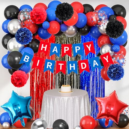 JCitimix Rot und Blau Geburtstagsdekorationen, Rot Weiß und Blau Happy Birthday Banner mit Fransen Vorhang Papier Pompoms Luftballons für Jungen Männer von JCitimix
