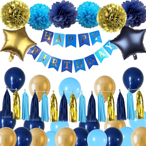 Marineblaue und goldene Geburtstagsdekorationen mit Happy Birthday Banner, Seiden-Poms, Quasten-Girlande, marineblaue und hellblaue goldene Luftballons für Männer, Frauen, Jungen, Geburtstagszubehör von JCitimix