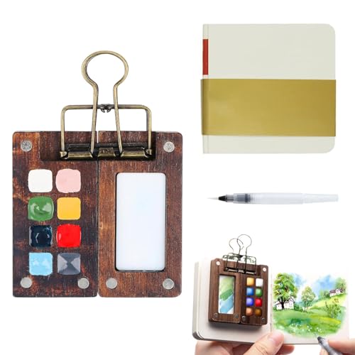JDCMEI Skizzenbuch Palette Set, Tragbares Mini-Aquarell-Paletten Set, 8 Grids Mini Holz Reise Malpalette Malkasten, Mini Aquarell-Reise-Set mit Pinselclip, Skizzenbuch für Maler, Künstler, Studenten JDCMEI Skizzenbuch Palette Set, Tragbares Mini-Aquarell-Paletten Set, 8 Grids Mini Holz Reise Malpalette Malkasten, Mini Aquarell-Reise-Set mit Pinselclip, Skizzenbuch für Maler, Künstler, Studenten von JDCMEI