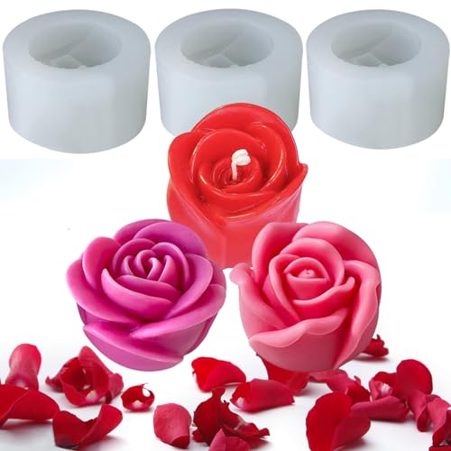 Kerzen-Silikon-Formen-Set, 6 Stück Blume, 3D-Rosenblüte, Fondant, Silikonformen für Seife, Kerzen, Kuchen, Blumenformen für Schokolade, Süßigkeiten, Gebäck, Dessert (Drei Rosen) von JDH Silicone