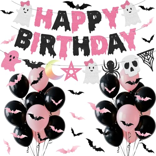 Halloween Happy Birthday Banner Girlande 30,5 cm Rosa Schwarz Luftballons Fledermaus Aufkleber Set für Babyparty Rosa und Schwarz Halloween Geburtstag Party Dekorationen von JDIYMI