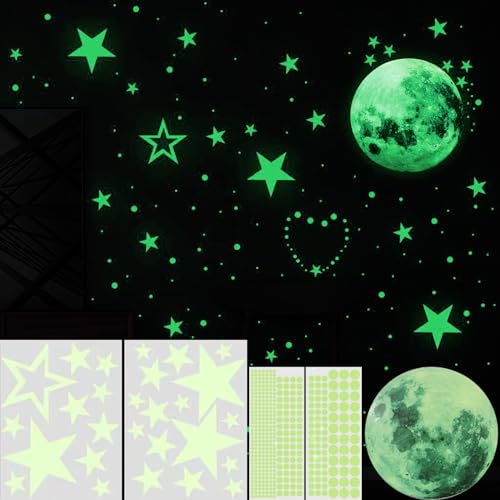 JDXun Leuchtsterne Wandsticker, 435 Leuchtsticker selbstklebend, Leuchtsterne Leuchtpunkte Mond DIY fluoreszierende Leuchtsterne Wandtattoo für Kinderzimmer Schlafzimmer Wohnzimmer (Grün) von JDXun