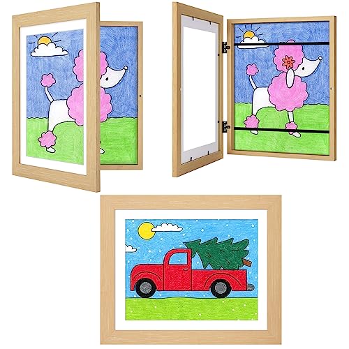 JDZIVTOP Kinder-Kunstwerkrahmen, natürliche Holzmaserung, 25.4x32.5 cm, Kinderkunstrahmen ohne Matte, austauschbare Frontöffnung, 21.6x27.9 cm Rahmen mit Matte, Schularbeiten, 3 Schule von JDZIVTOP