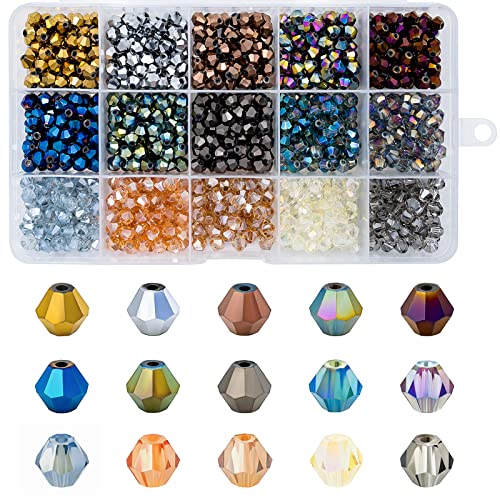 JEBBO Doppelkegel-Glasperlen, 4 mm, kleine facettierte Doppelkegel-Kristallperlen für Schmuckherstellung, Basteln, Armband, Halskette, Ohrringe mit Behälter, 15 Metallic-Farben, 1800 Stück JEBBO Doppelkegel-Glasperlen, 4 mm, kleine facettierte Doppelkegel-Kristallperlen für Schmuckherstellung, Basteln, Armband, Halskette, Ohrringe mit Behälter, 15 Metallic-Farben, 1800 Stück von JEBBO