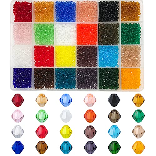 JEBBO Doppelkegel-Kristallperlen, 3 mm, kleine facettierte Doppelkegel-Glasperlen für Schmuckherstellung, Basteln, Armband, Halskette, Ohrringe mit Behälterbox, 4800 Stück (24 Regenbogenfarben) von JEBBO