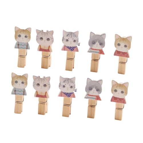 JECOMPRIS 10 Stück Teiliges Mini Holzklammern mit Niedlichem Katzen Design Natürliche Holzwäscheklammern mit Juteseil Dekorative Fotoclips für Wandbilder DIY Bastel Raumdeko von JECOMPRIS
