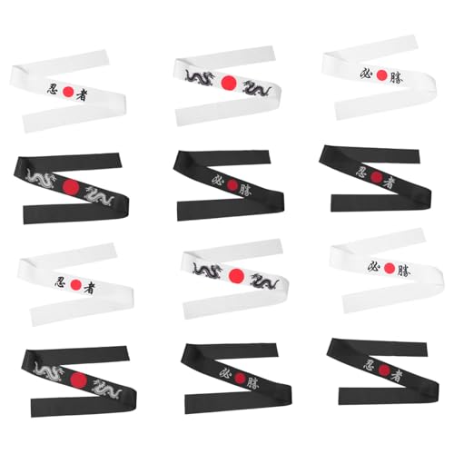 JECOMPRIS 12 Stück Teiliges Japanisches Hachimaki Stirnband mit Einzigartigem Ninja Print Atmungsaktives Sport und Kochbandana für Karate Kochen Kostümpartys Verstellbar für Erwachsene von JECOMPRIS