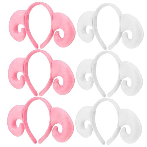 JECOMPRIS 6 Stück Teiliges Flauschiges Schafhörner Stirnband Elastisches Tierhaar Haarreif mit Weißen und Rosa Hörnern Niedliche Kopfbedeckung für Halloween Cosplay Partys und Fotoshootings von JECOMPRIS